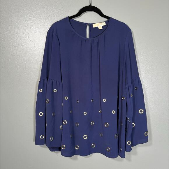 Michael Michael Kors Women's Blue Grommet Studded Boho Peasant Blouse - Size XL - Picture 1 of 6